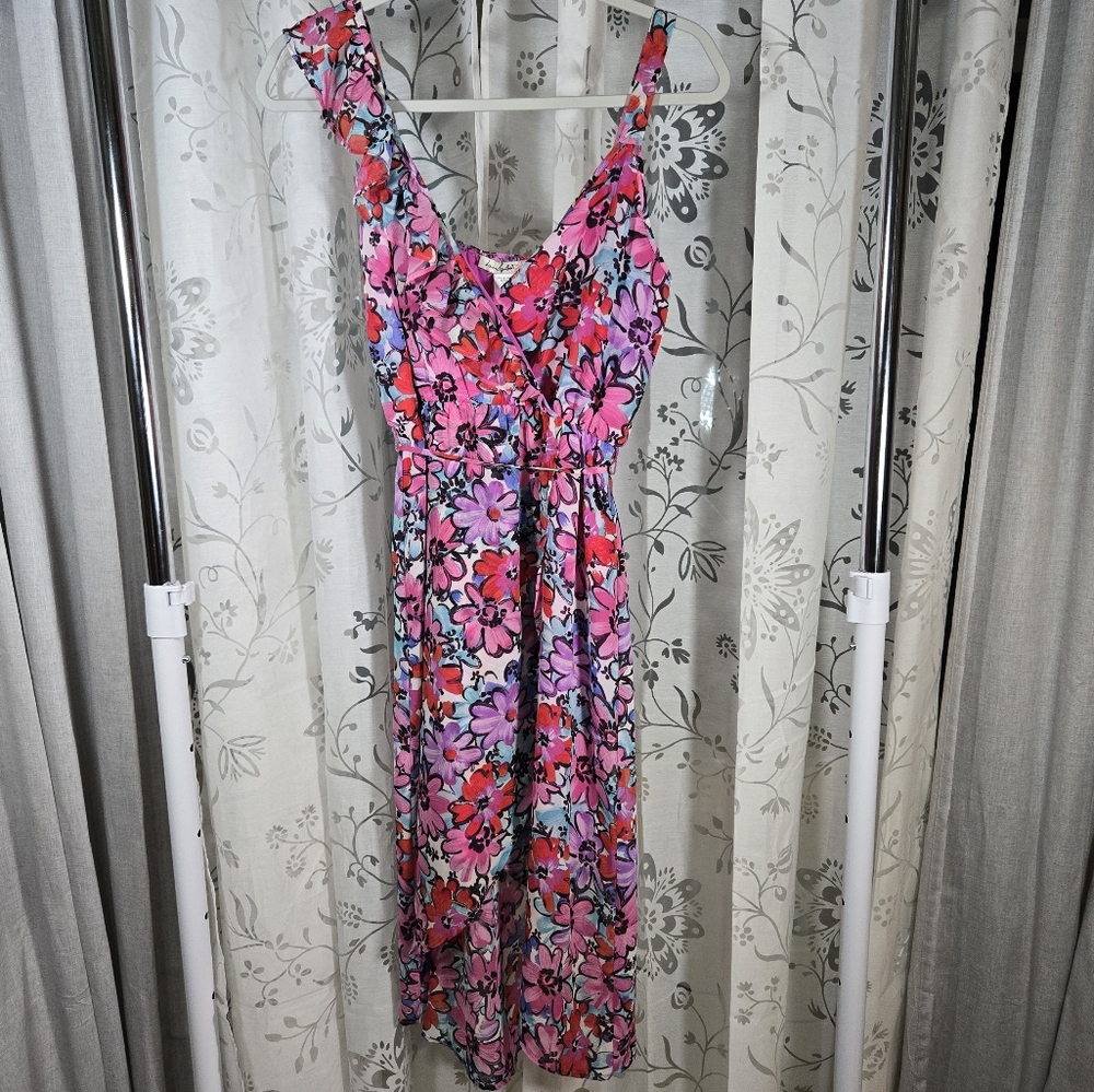 Love Squared Floral Faux Wrap Dress Pink Purple Size‎ Small Vibrant Colors